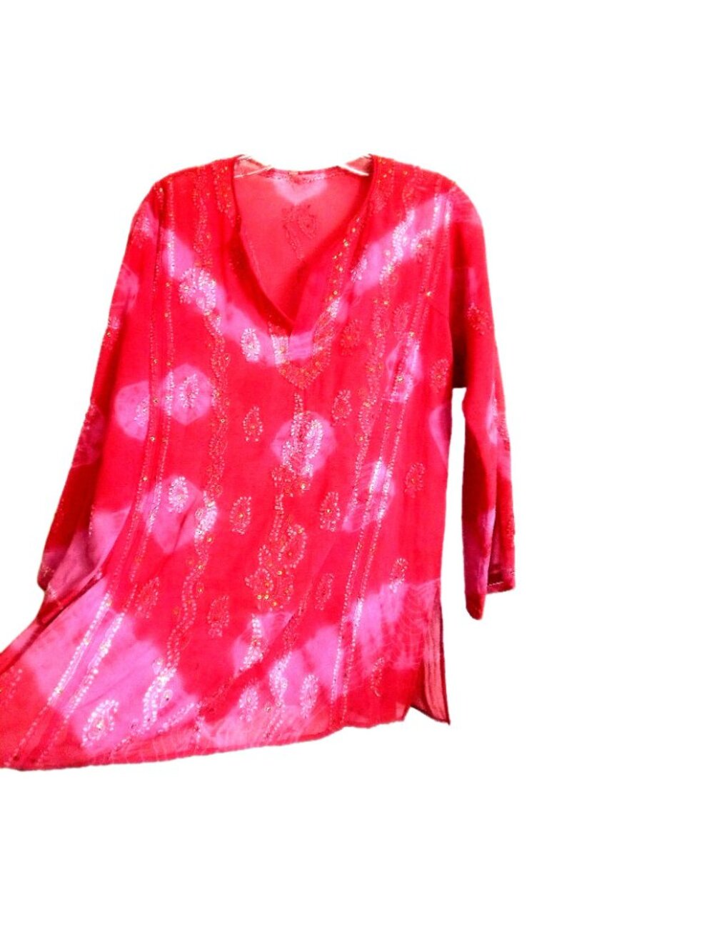 Ethnic Tunic Blouse Lite Semi-Sheer Sequin Embroidered Long Slvs Size M Red Pink